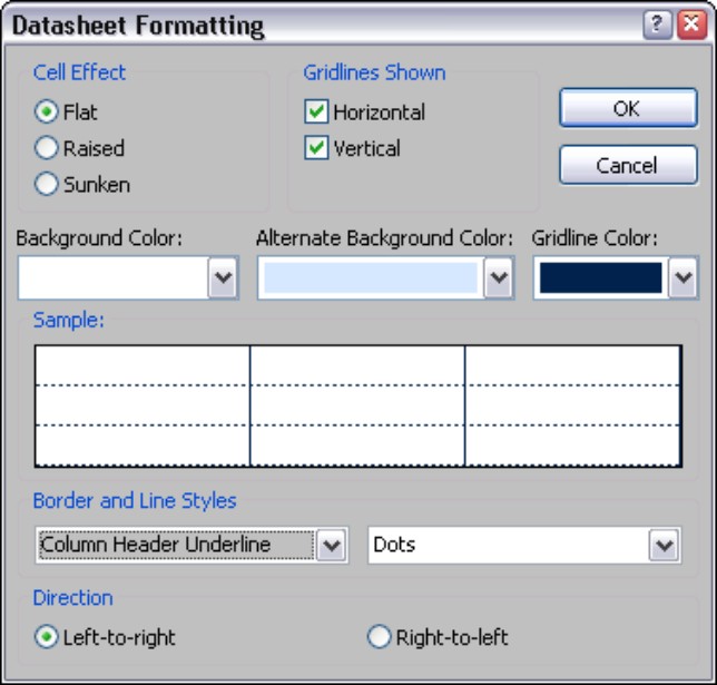 The Datasheet Formatting dialog box. Use this dialog box to customize the look of the datasheet.